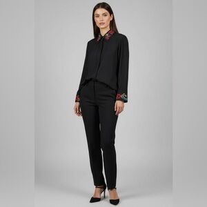 West Clair Black Embroidered Collar Blouse Vintage Button Front Top